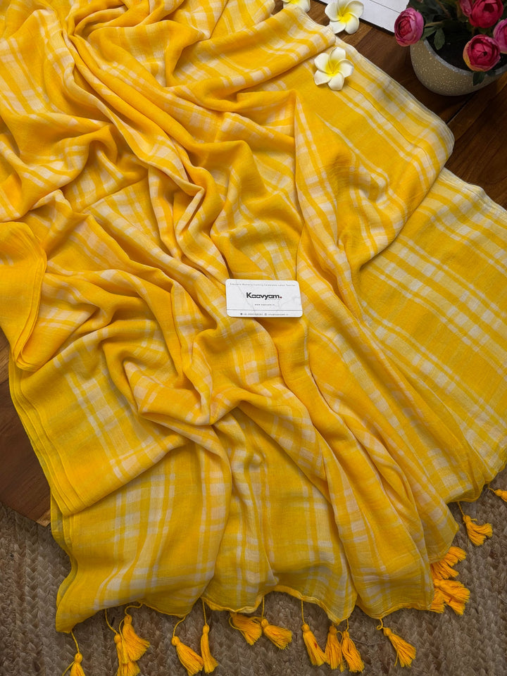 Sunshine Yellow & White Madras Checkered Mul Cotton Saree with Tassels & Attached Blouse Piece