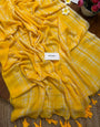 Sunshine Yellow & White Madras Checkered Mul Cotton Saree with Tassels & Attached Blouse Piece