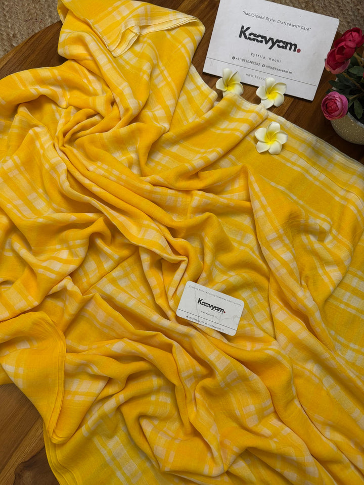 Sunshine Yellow & White Madras Checkered Mul Cotton Saree with Tassels & Attached Blouse Piece