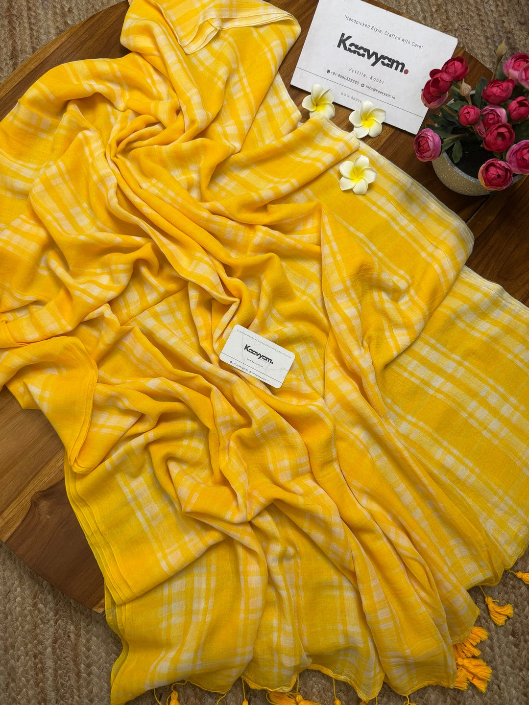 Sunshine Yellow & White Madras Checkered Mul Cotton Saree with Tassels & Attached Blouse Piece