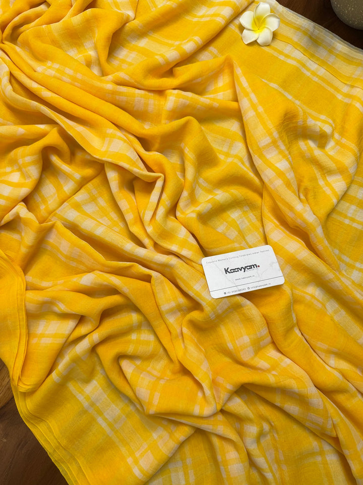 Sunshine Yellow & White Madras Checkered Mul Cotton Saree with Tassels & Attached Blouse Piece
