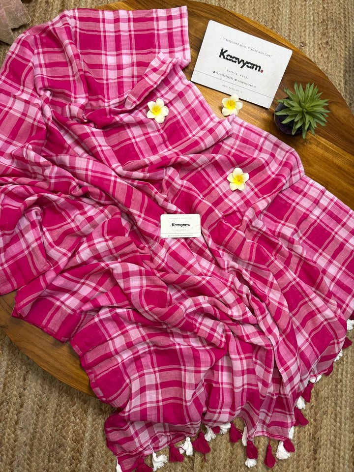 Rani Pink & White Madras Checkered Mul Cotton Saree with Tassels & Blouse Piece