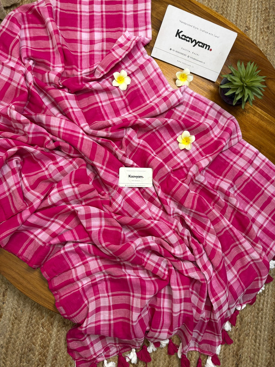 Rani Pink & White Madras Checkered Mul Cotton Saree with Tassels & Blouse Piece