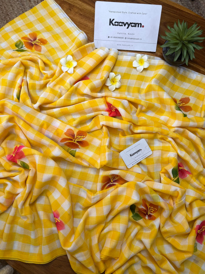 Yellow & White Checkered Mul Cotton Saree with Floral Motifs, Tassels & Blouse Piece