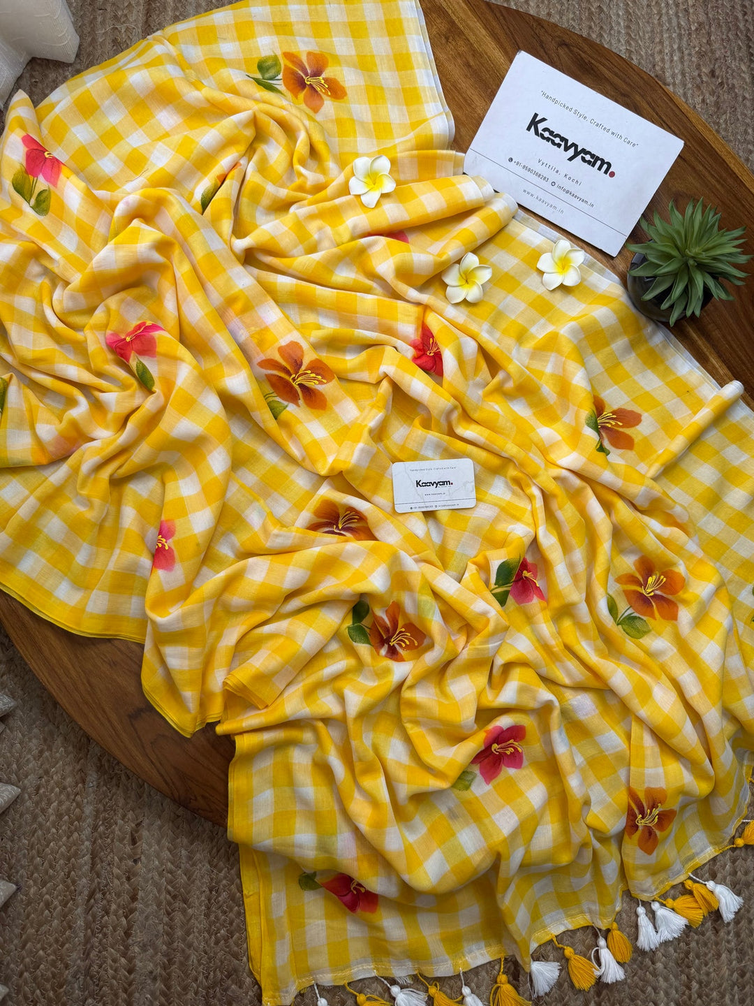 Yellow & White Checkered Mul Cotton Saree with Floral Motifs, Tassels & Blouse Piece