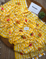 Yellow & White Checkered Mul Cotton Saree with Floral Motifs, Tassels & Blouse Piece