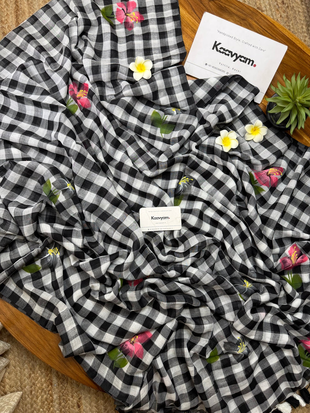 Black & White Checkered Mul Cotton Saree with Floral Motifs, Tassels & Blouse Piece