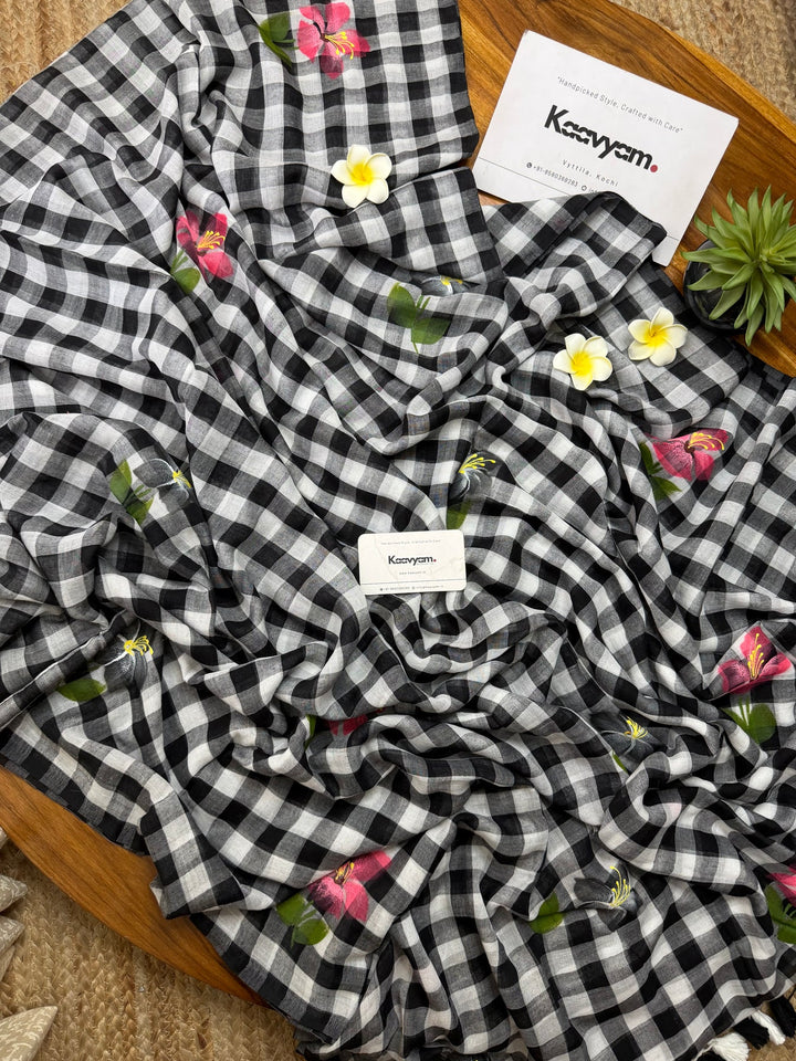 Black & White Checkered Mul Cotton Saree with Floral Motifs, Tassels & Blouse Piece