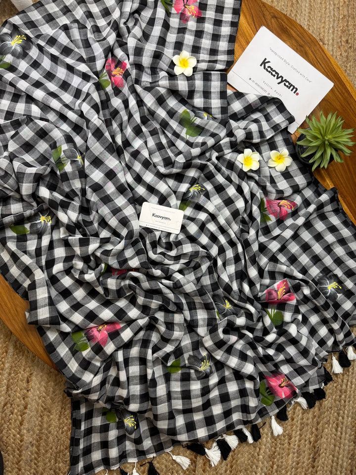 Black & White Checkered Mul Cotton Saree with Floral Motifs, Tassels & Blouse Piece