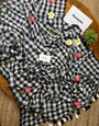 Black & White Checkered Mul Cotton Saree with Floral Motifs, Tassels & Blouse Piece
