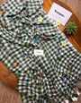 Olive Green & White Checkered Mul Cotton Saree with Multicolour Floral Motifs, Tassels & Blouse Piece