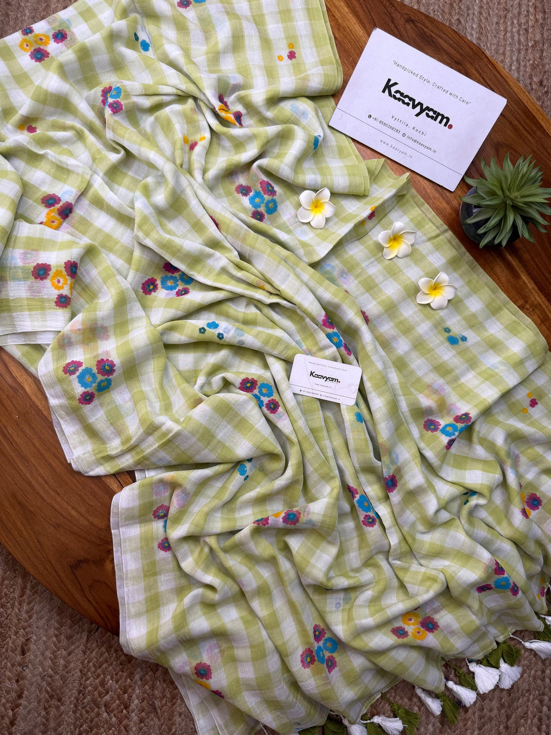 Pista Green & White Checkered Mul Cotton Saree with Multicolour Floral Motifs, Tassels & Blouse Piece