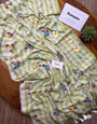Pista Green & White Checkered Mul Cotton Saree with Multicolour Floral Motifs, Tassels & Blouse Piece