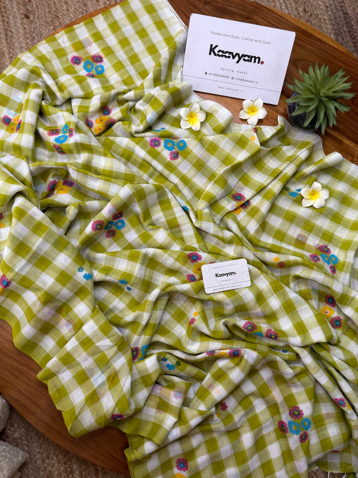 Lime Green & White Checkered Mul Cotton Saree with Multicolour Floral Motifs, Tassels & Blouse Piece