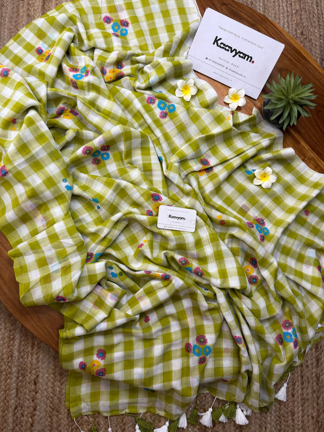 Lime Green & White Checkered Mul Cotton Saree with Multicolour Floral Motifs, Tassels & Blouse Piece
