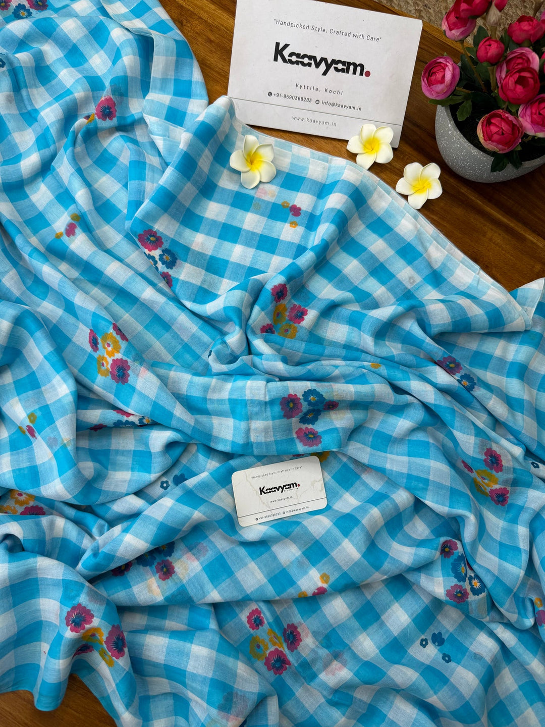 Sky Blue & White Checkered Mul Cotton Saree with Multicolour Floral Motifs, Tassels & Blouse Piece