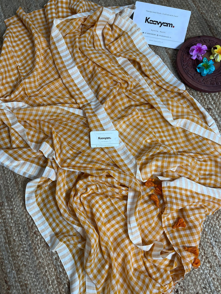 Mustard Yellow & White Checkered Mul Cotton Saree with Striped Border, Tassels & Blouse Piece