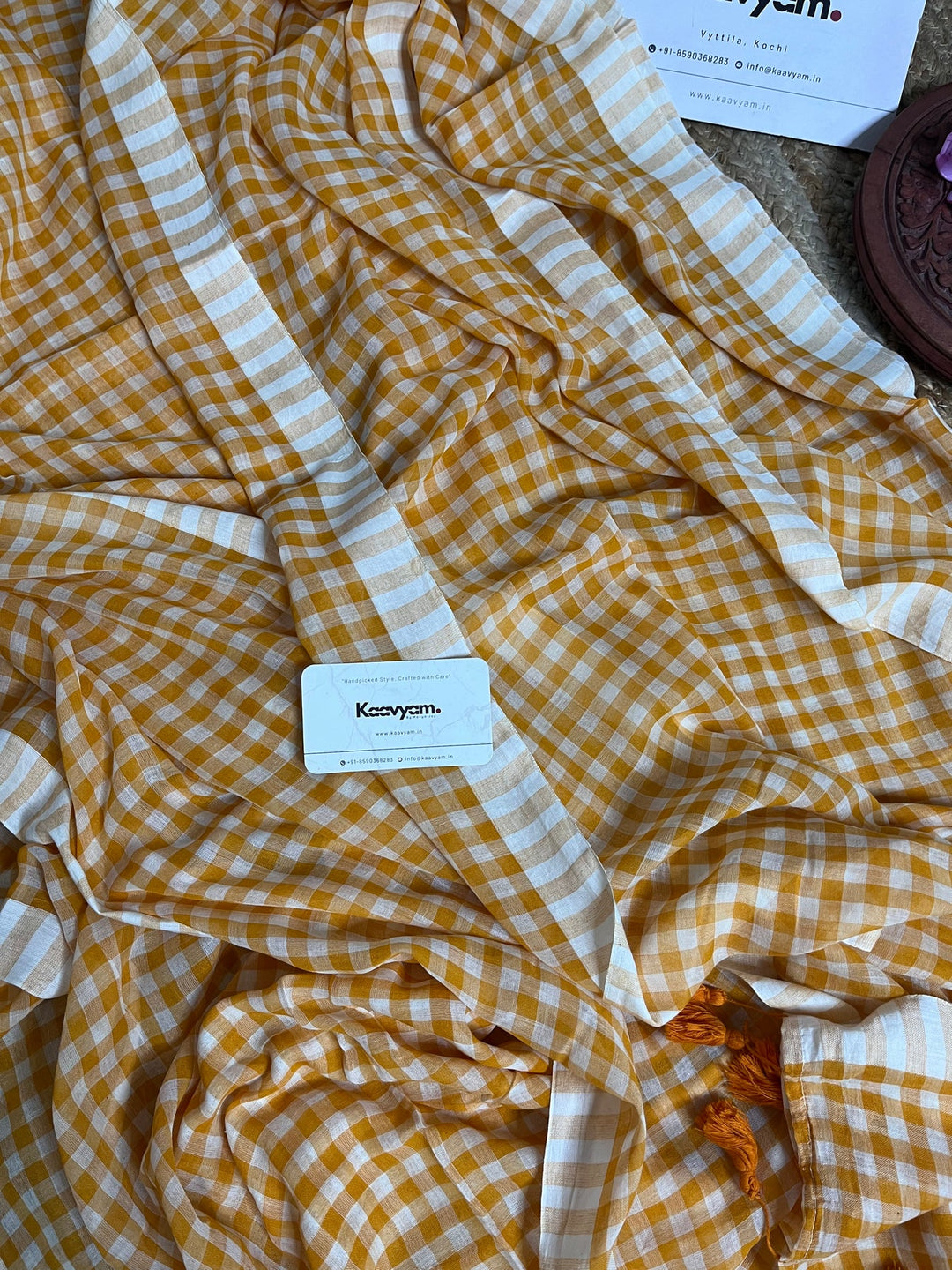 Mustard Yellow & White Checkered Mul Cotton Saree with Striped Border, Tassels & Blouse Piece