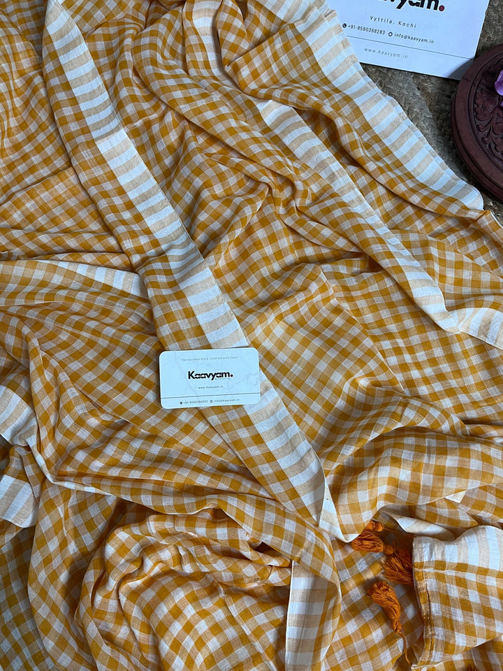 Mustard Yellow & White Checkered Mul Cotton Saree with Striped Border, Tassels & Blouse Piece