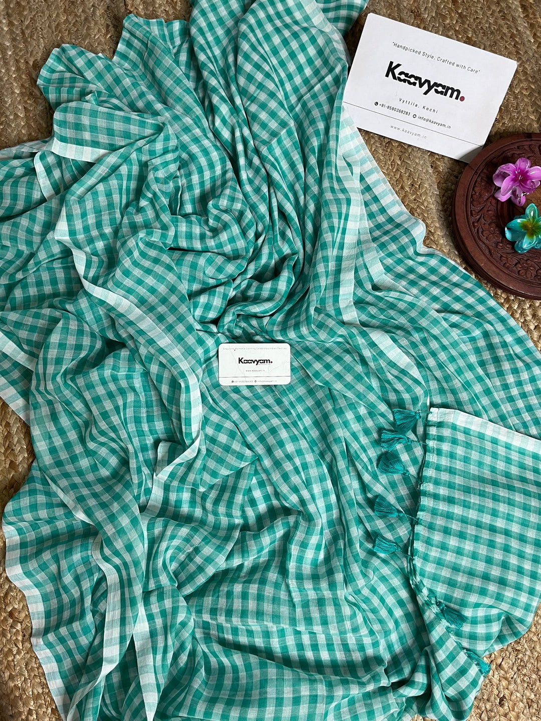Aqua Green & White Checkered Mul Cotton Saree with Tassels & Blouse Piece