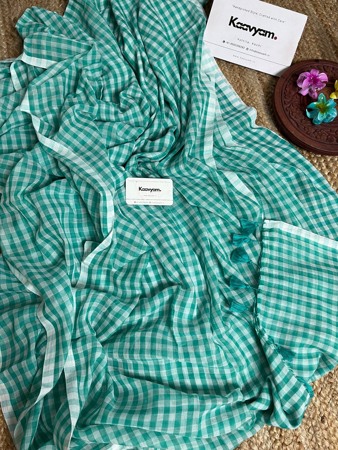 Aqua Green & White Checkered Mul Cotton Saree with Tassels & Blouse Piece