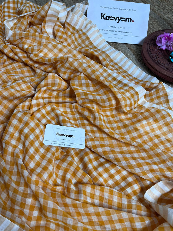 Mustard Yellow & White Checkered Mul Cotton Saree with Striped Border, Tassels & Blouse Piece