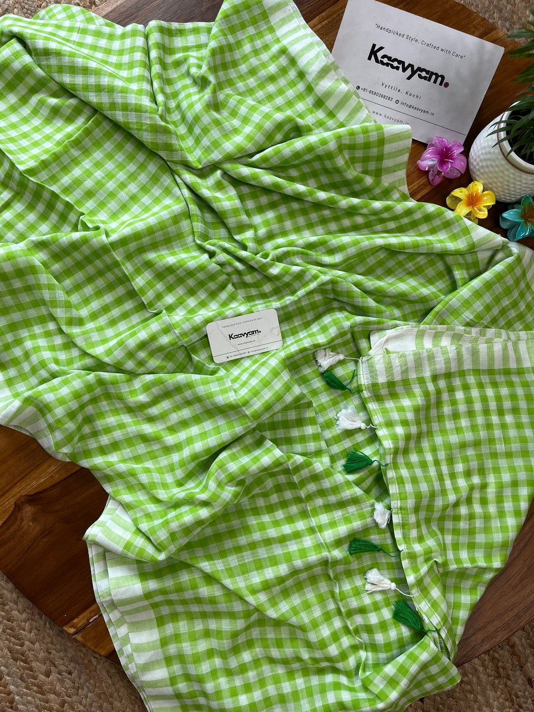 Lime Green & White Checkered Mul Cotton Saree with Tassels & Blouse Piece