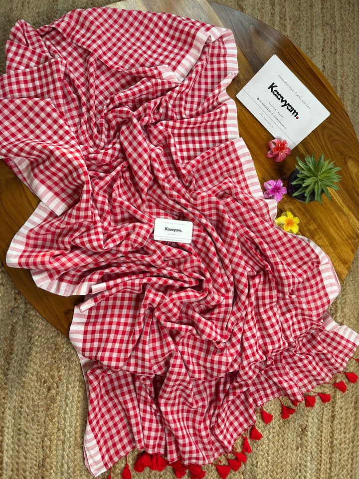 Red & White Checkered Mul Cotton Saree with Tassels & Blouse Piece