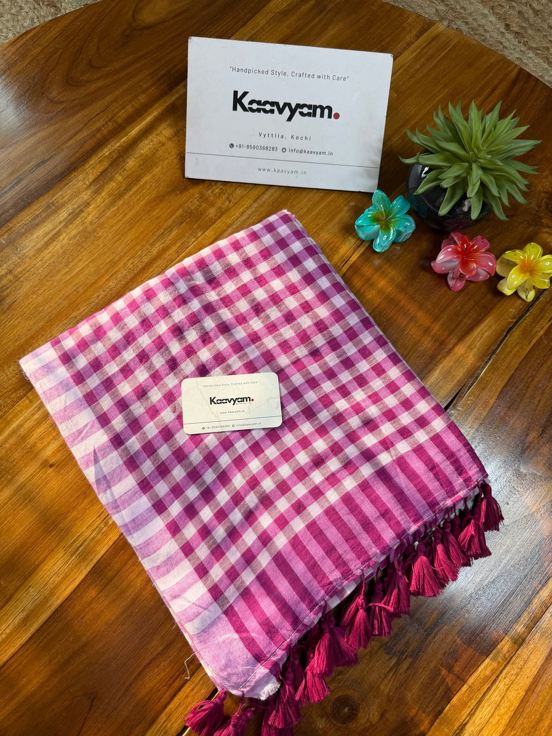 Magenta Pink & White Checkered Mul Cotton Saree with Blouse Piece