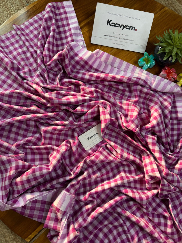 Magenta Pink & White Checkered Mul Cotton Saree with Blouse Piece