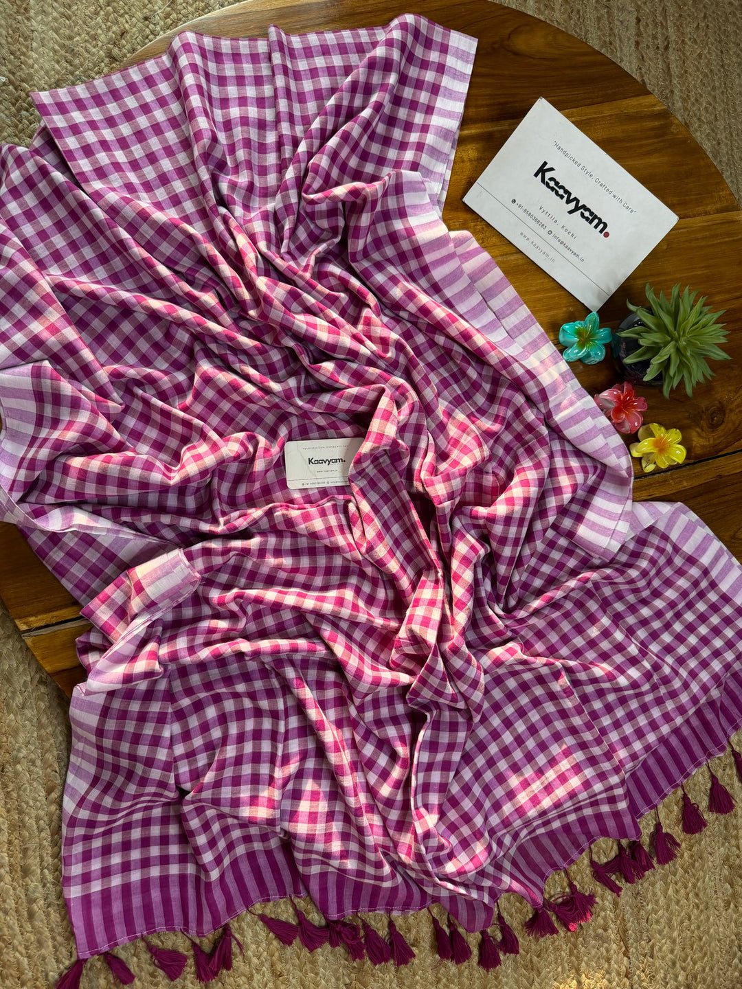 Magenta Pink & White Checkered Mul Cotton Saree with Blouse Piece
