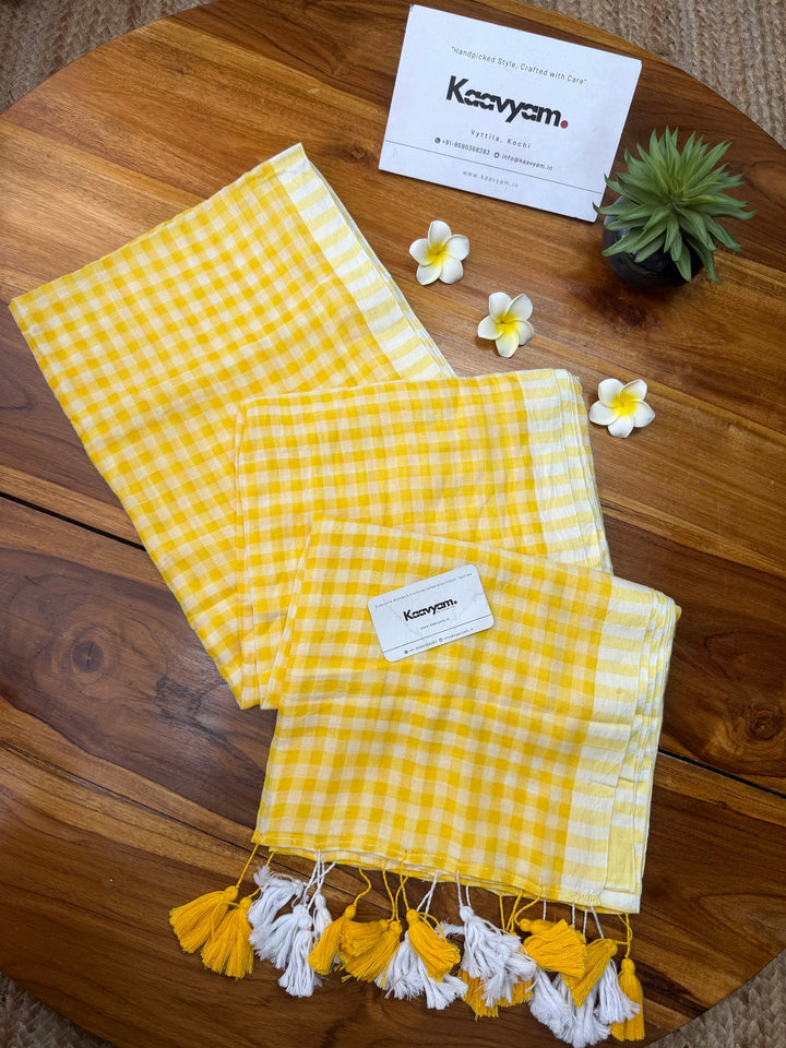 Sunshine Yellow & White Checkered Mul Cotton Saree with Tassels & Blouse Piece