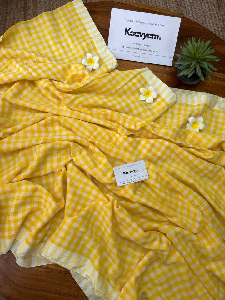 Sunshine Yellow & White Checkered Mul Cotton Saree with Tassels & Blouse Piece