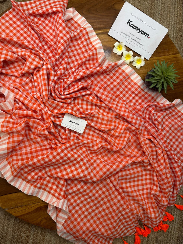 Orange & White Checkered Mul Cotton Saree with Striped Border & Blouse Piece