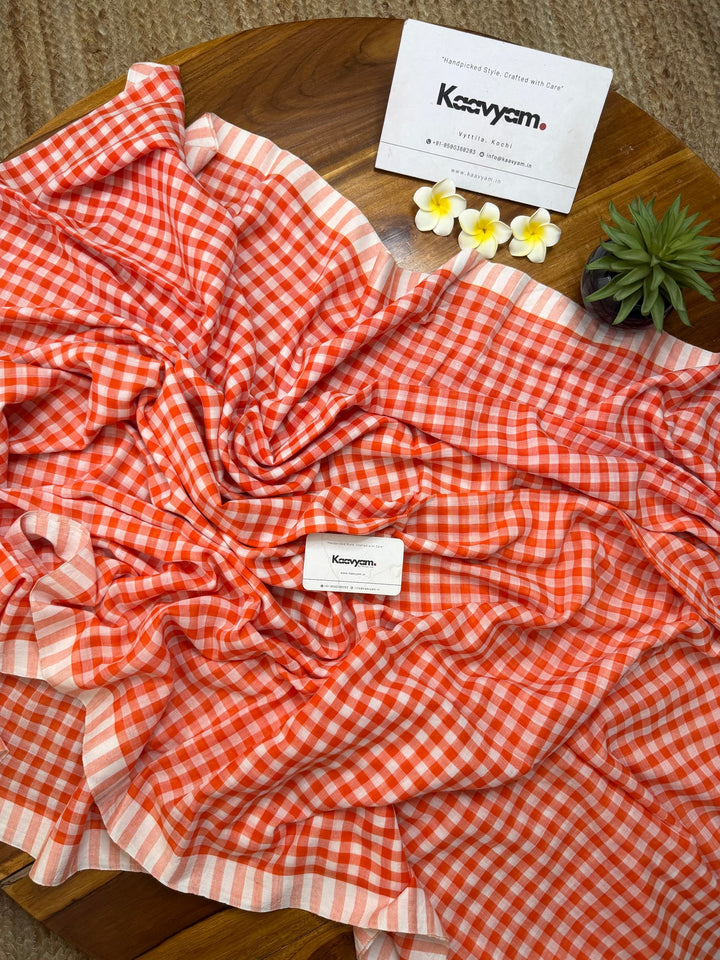 Orange & White Checkered Mul Cotton Saree with Striped Border & Blouse Piece
