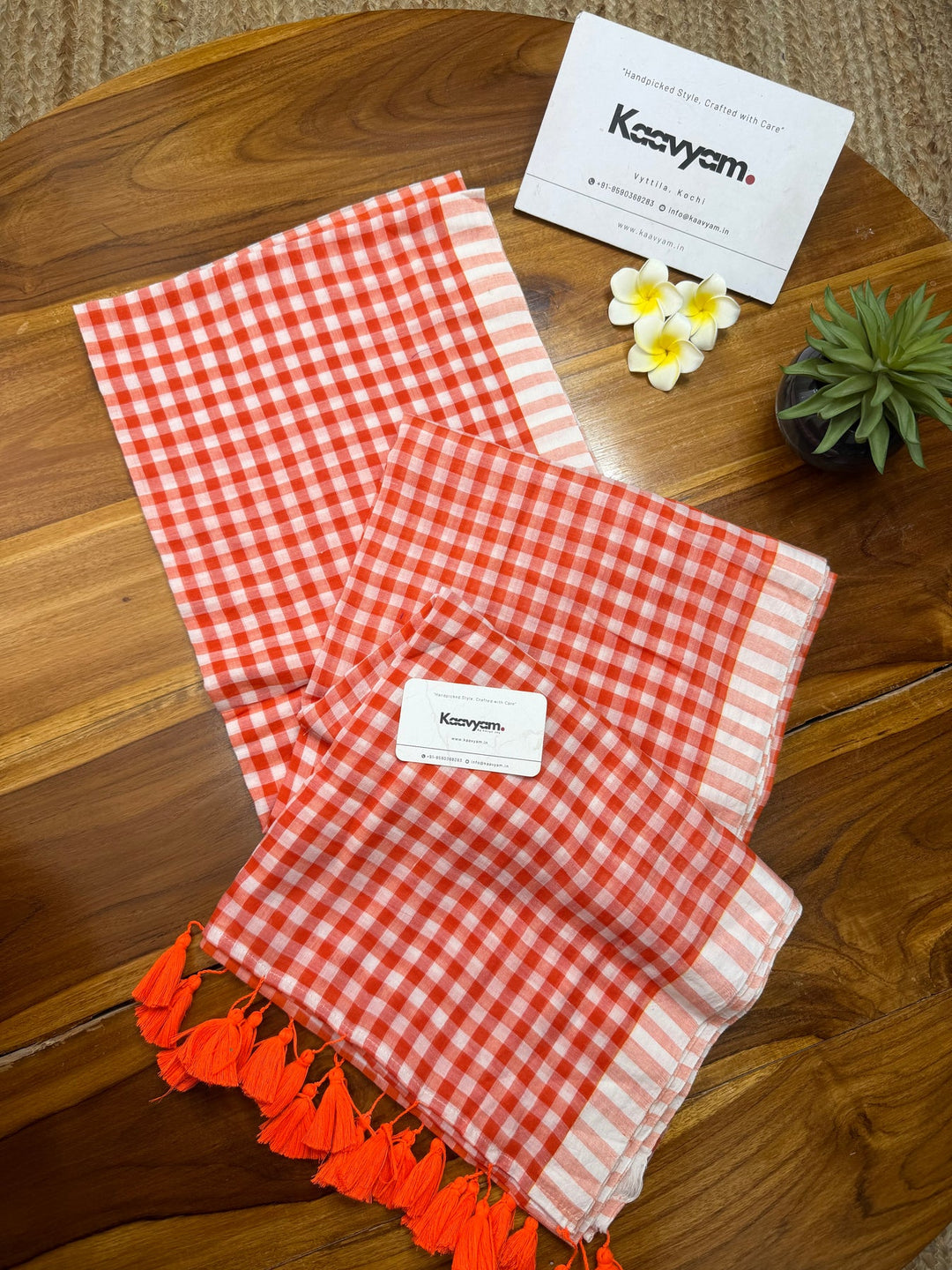 Orange & White Checkered Mul Cotton Saree with Striped Border & Blouse Piece