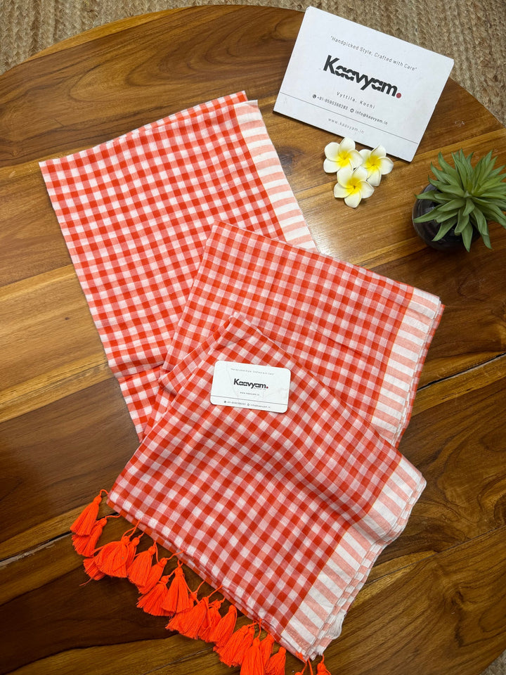 Orange & White Checkered Mul Cotton Saree with Striped Border & Blouse Piece