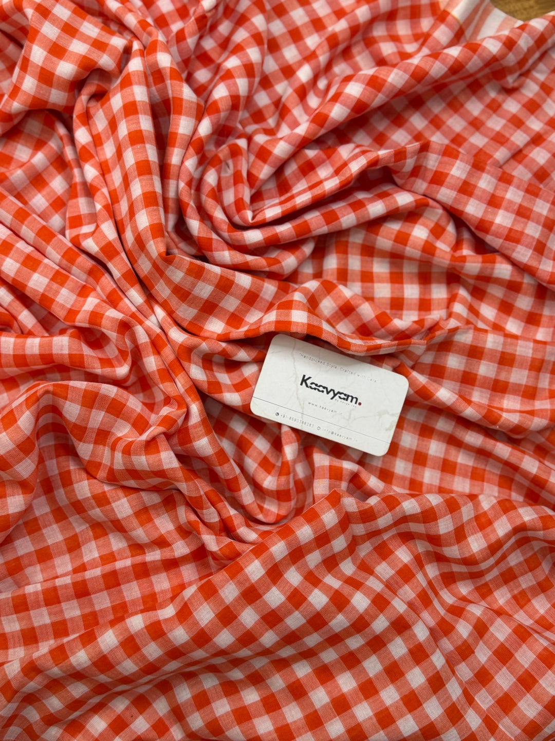 Orange & White Checkered Mul Cotton Saree with Striped Border & Blouse Piece