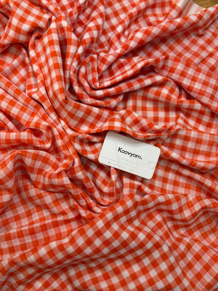 Orange & White Checkered Mul Cotton Saree with Striped Border & Blouse Piece