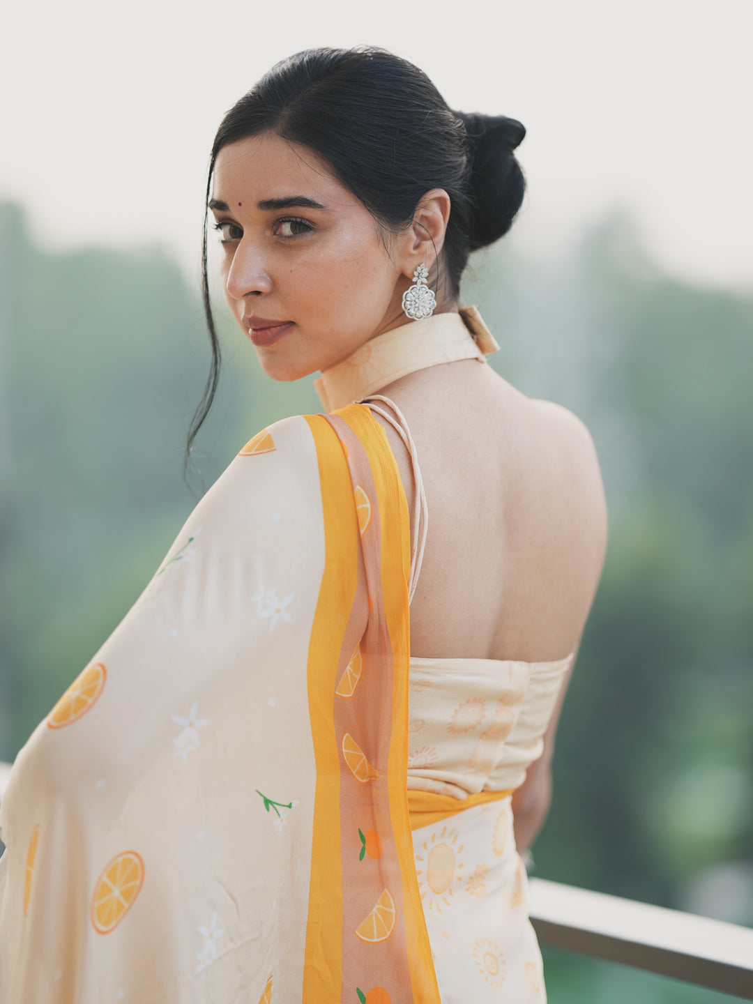 Tanya Mittal Inspired Viral Chinnon Saree in Ivory Cream with Citrus & Sunflower Prints and Contrast Yellow Border