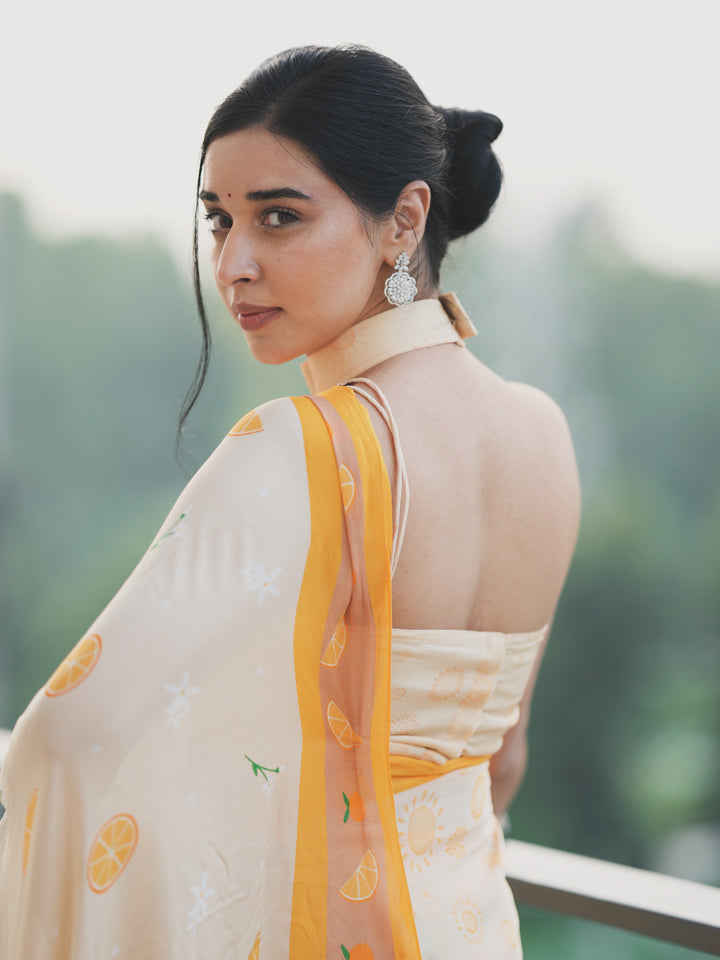 Tanya Mittal Inspired Viral Chinnon Saree in Ivory Cream with Citrus & Sunflower Prints and Contrast Yellow Border