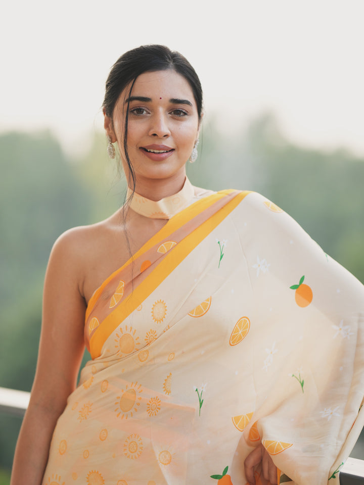 Tanya Mittal Inspired Viral Chinnon Saree in Ivory Cream with Citrus & Sunflower Prints and Contrast Yellow Border