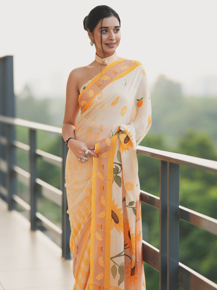 Tanya Mittal Inspired Viral Chinnon Saree in Ivory Cream with Citrus & Sunflower Prints and Contrast Yellow Border