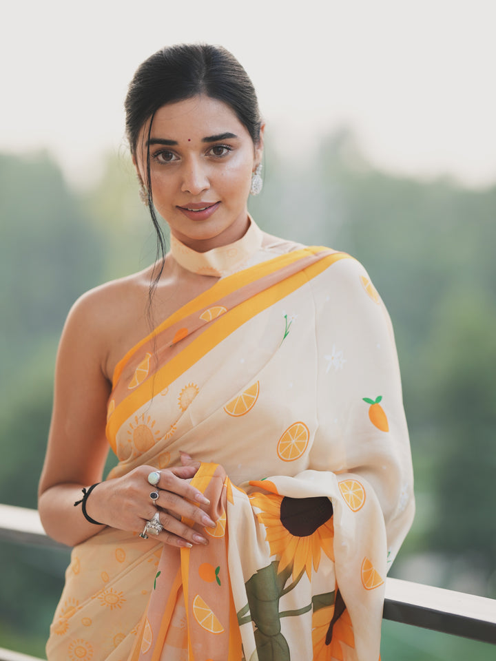 Tanya Mittal Inspired Viral Chinnon Saree in Ivory Cream with Citrus & Sunflower Prints and Contrast Yellow Border