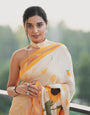 Tanya Mittal Inspired Viral Chinnon Saree in Ivory Cream with Citrus & Sunflower Prints and Contrast Yellow Border