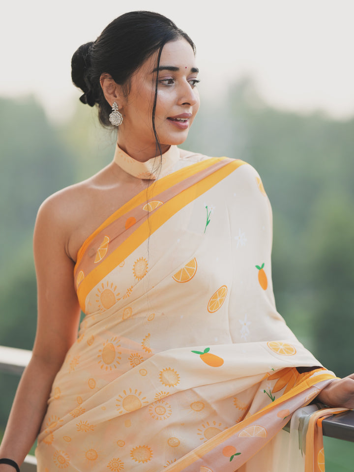 Tanya Mittal Inspired Viral Chinnon Saree in Ivory Cream with Citrus & Sunflower Prints and Contrast Yellow Border