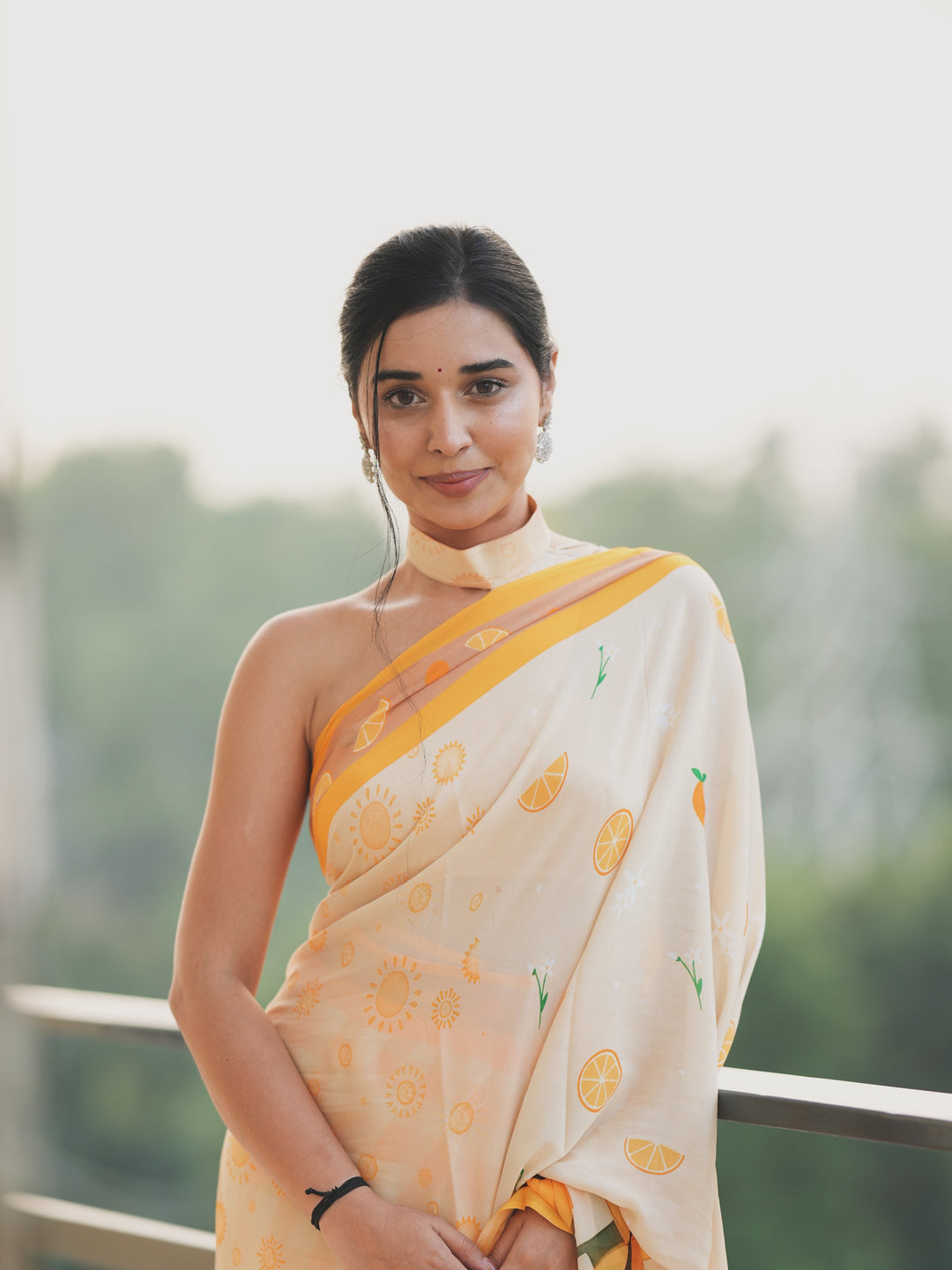 Tanya Mittal Inspired Viral Chinnon Saree in Ivory Cream with Citrus & Sunflower Prints and Contrast Yellow Border