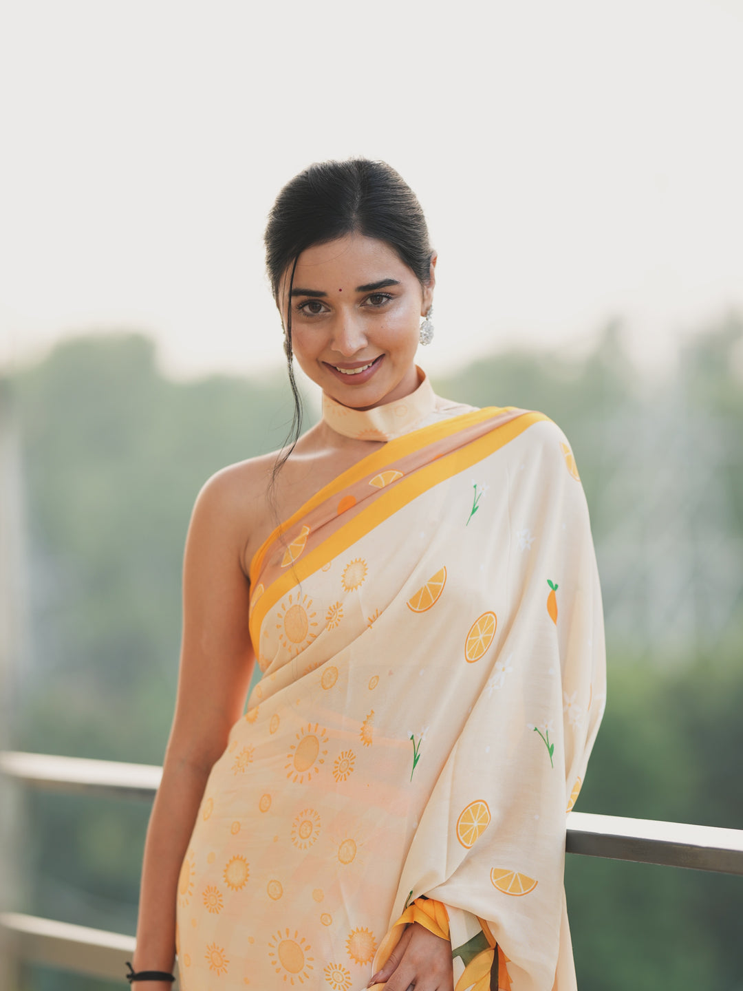 Tanya Mittal Inspired Viral Chinnon Saree in Ivory Cream with Citrus & Sunflower Prints and Contrast Yellow Border