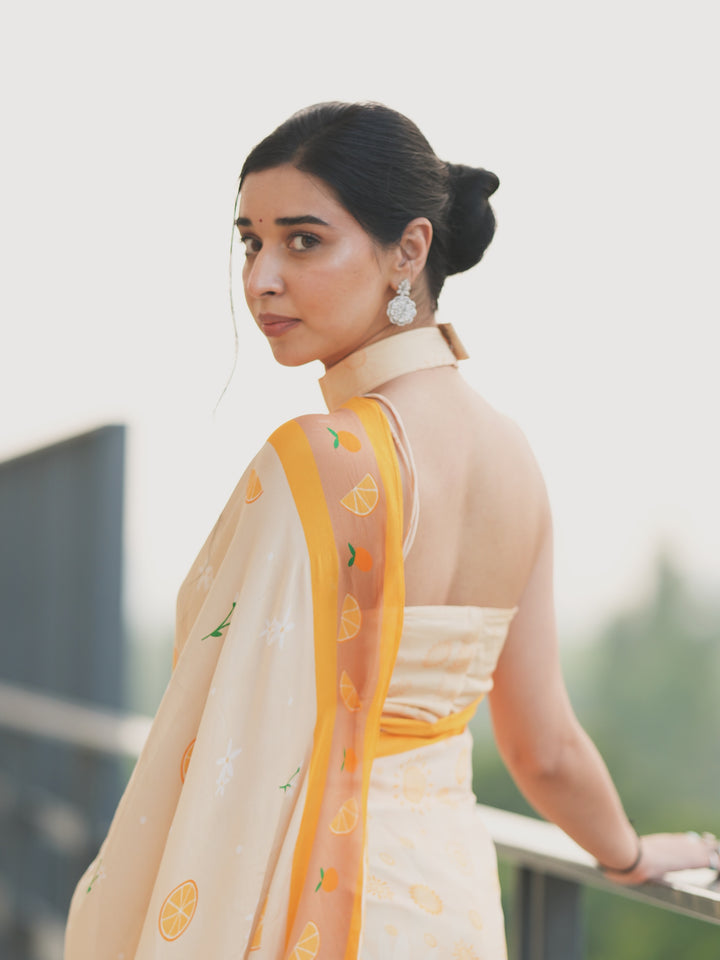 Tanya Mittal Inspired Viral Chinnon Saree in Ivory Cream with Citrus & Sunflower Prints and Contrast Yellow Border
