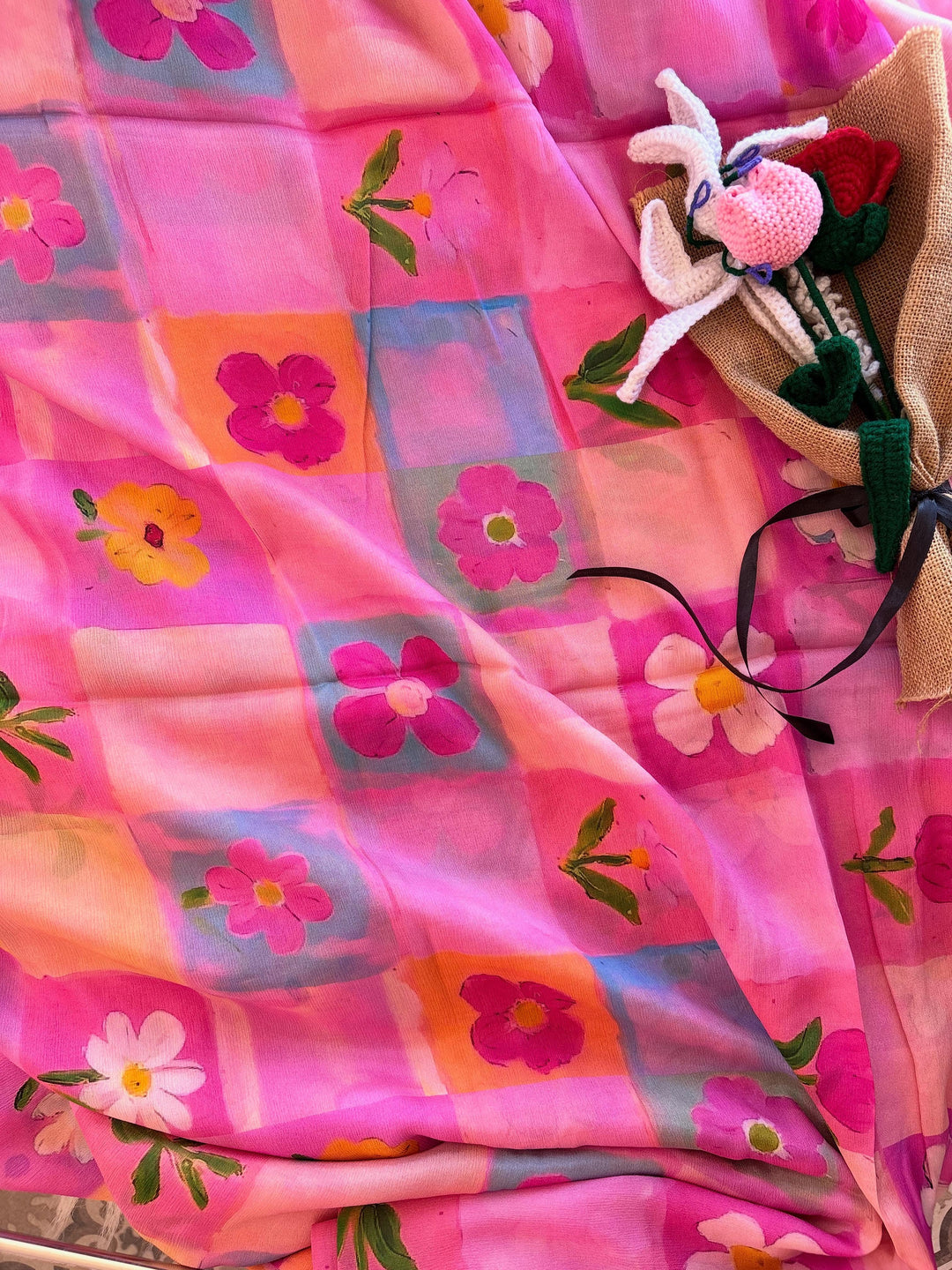 Blush Pink Chinnon Saree with Multicolour Floral Check Print & Attached Blouse Piece